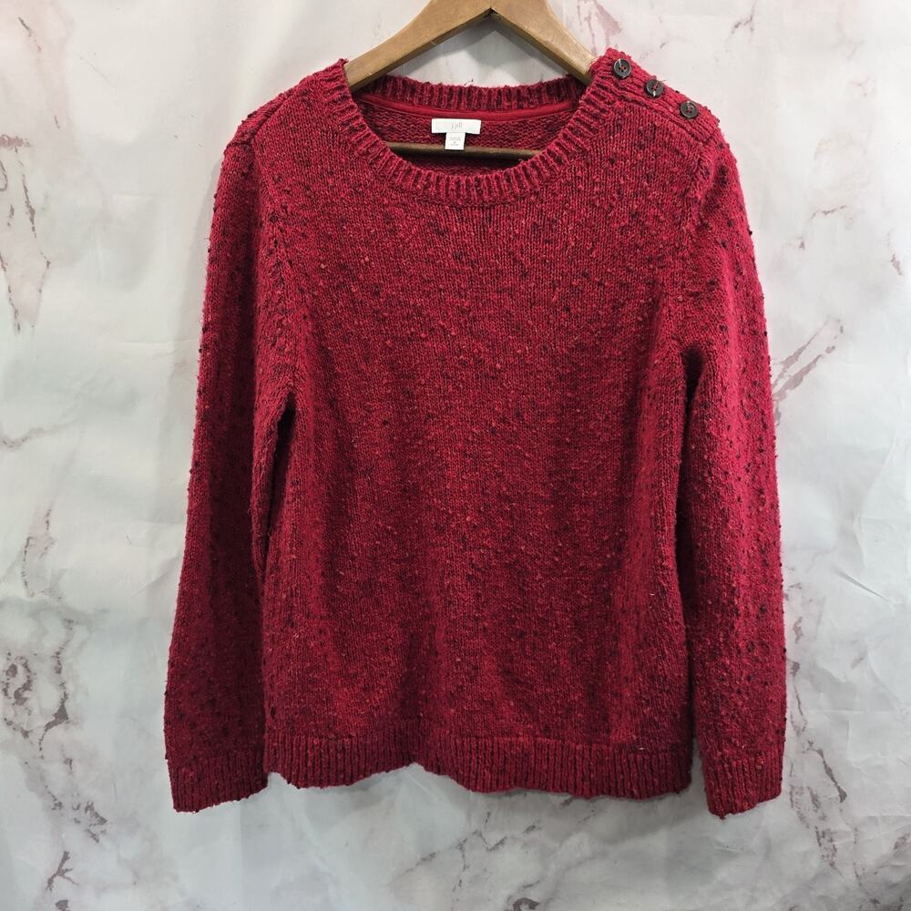 J Jill Sweater Womens Medium P True Red Button Detsil Stretch Crew Neck